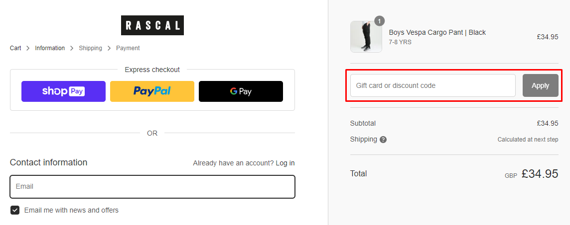 How do I use my Rascal Clothing discount code?