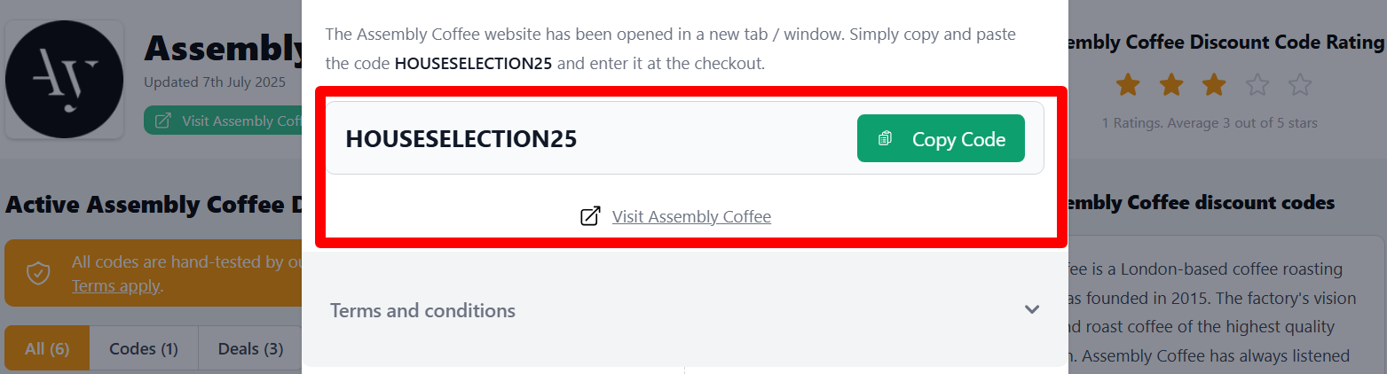 The highlighted red box shows the link to the Assembly Coffee website.