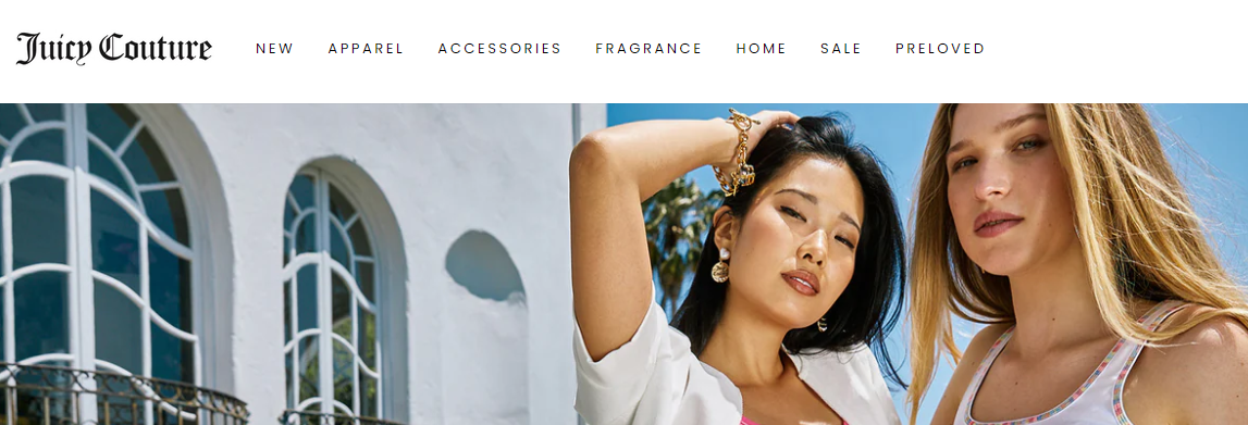 Part of the Juicy Couture website homepage showing categories to shop for plus two women one with back hair and other other with blonde, both wearing white tops