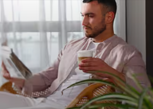 uomo mentre é seduto e beve un caffé fatto con la macchina da caffé Delonghi comprata con un codice sconto Delonghi