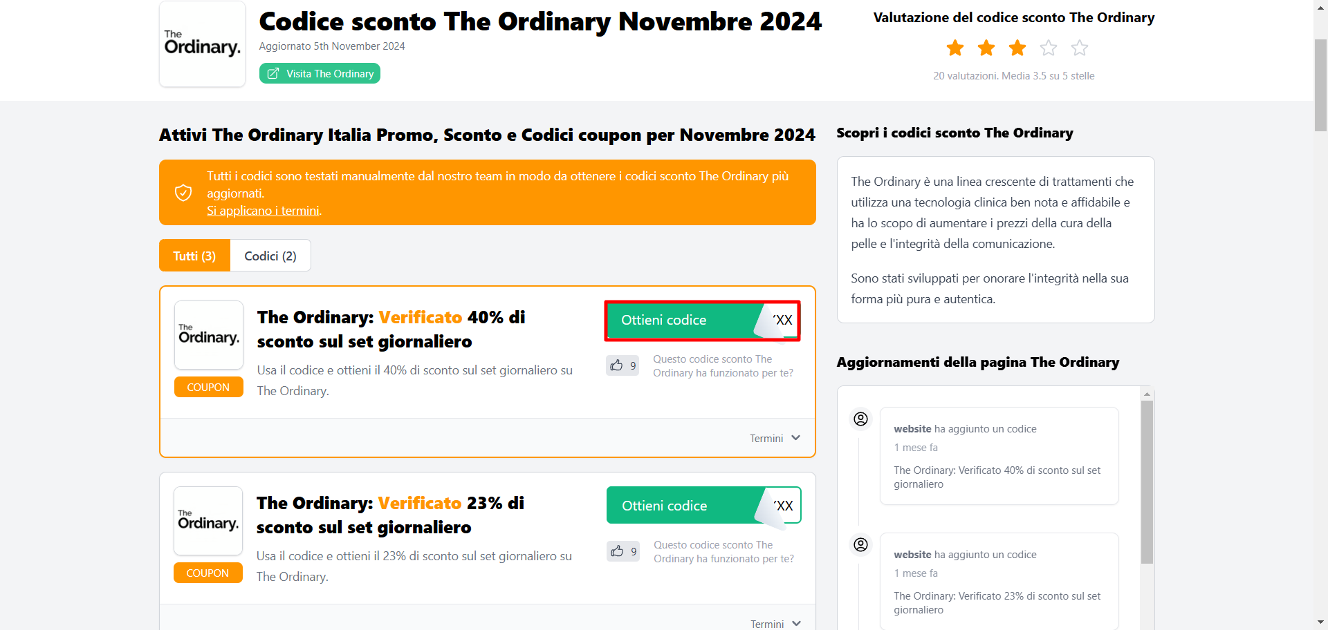 Diversi coupon The Ordinary da poter utilizzare ed inserire nel carrello di questo rivenditore