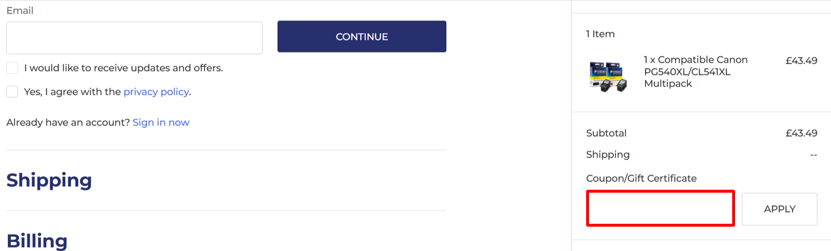 The checkout page showing where to apply your Cartridge World voucher code