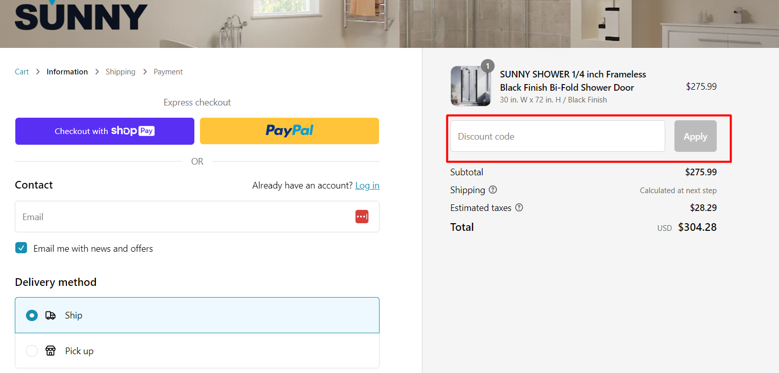 How do I use my SUNNY SHOWER discount code?