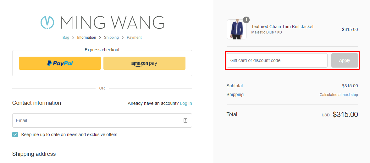 How do I use my Ming Wang discount code?