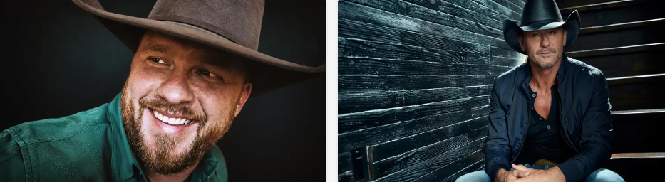 A collage showing Cody Johnson wearing a green shirt and a brown hat, as well as Tim McGraw in a black shirt and hat plus blue jeans