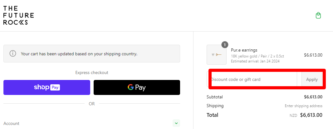 The brand checkout page with where to add the The Future Rocks discount code is highlighted with a red box