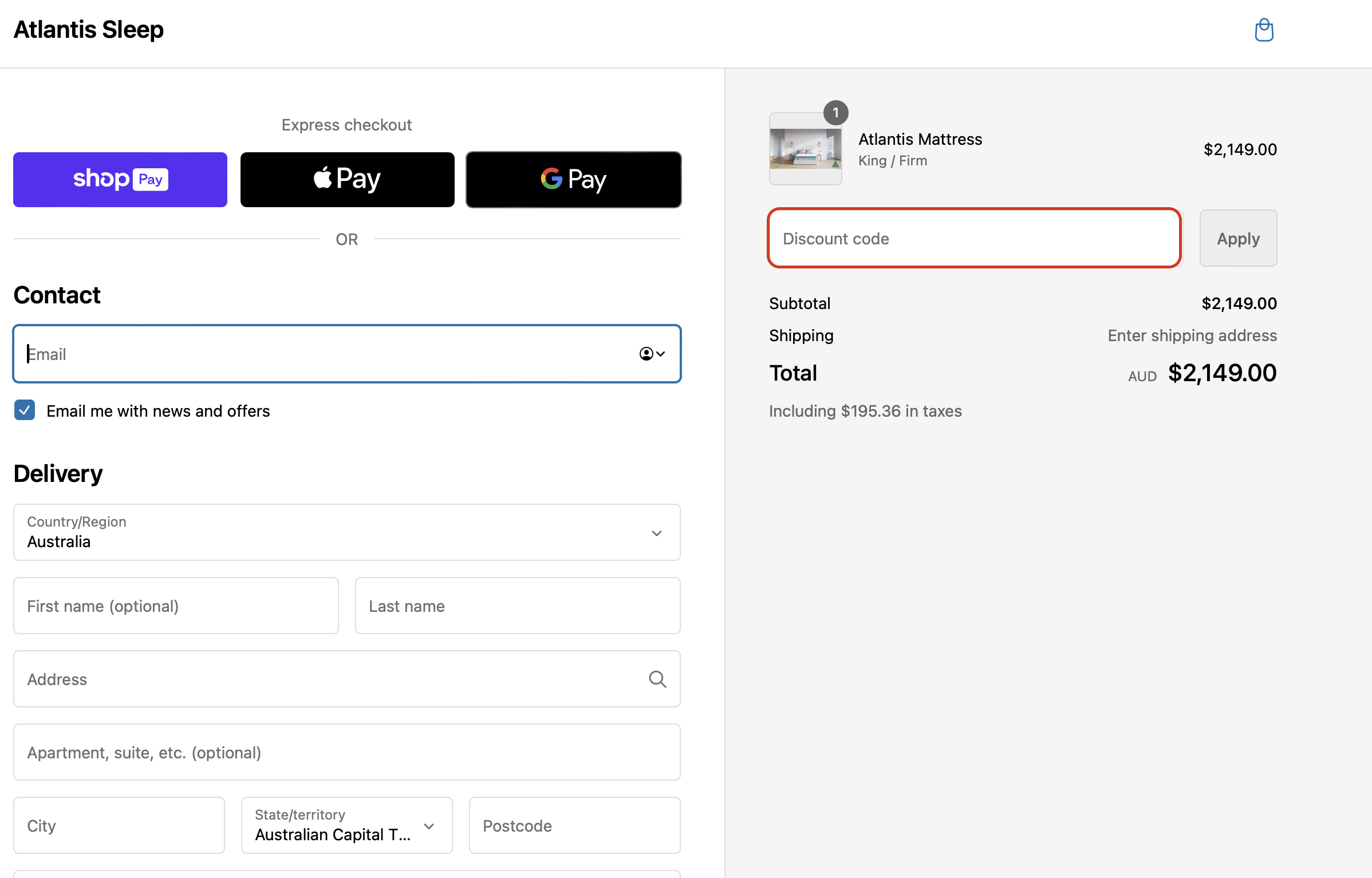 The highlighted red box at the brand checkout page is showing where to add the Atlantis Sleep promo code.