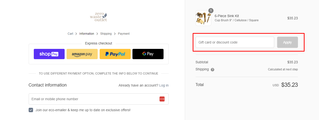 How do I use my Zero Waste Outlet discount code?