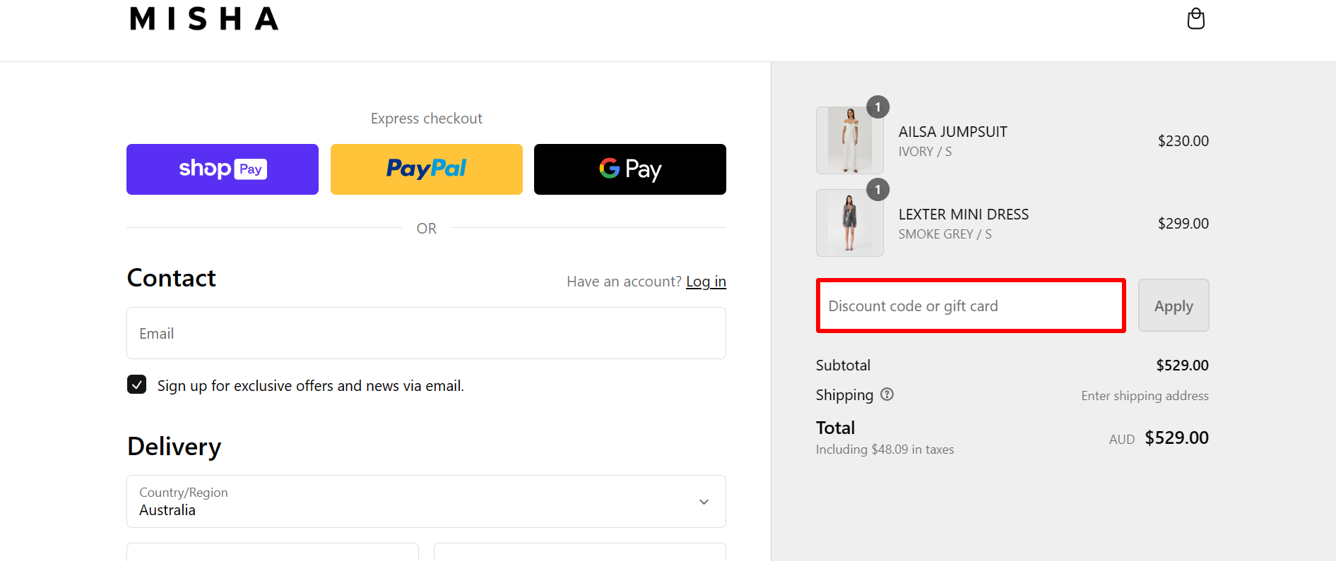 The highlighted red box at the brand checkout page is showing where to add the MISHA discount code.
