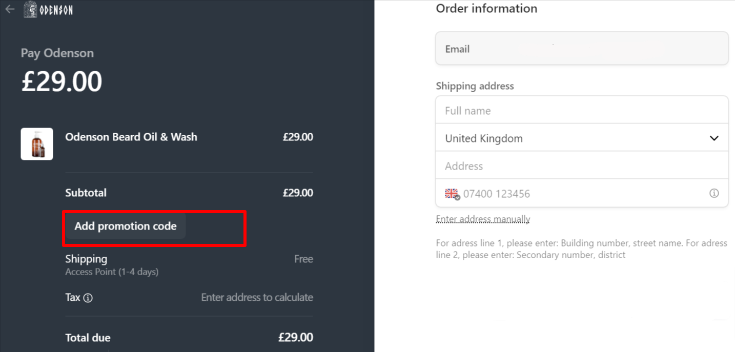 The checkout page is showing a highlighted red box where to add an Odenson discount code.