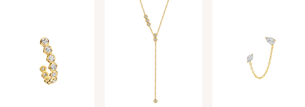 A collage of gold and silver semi hoop earrings, gold and silver necklace and lima earrings