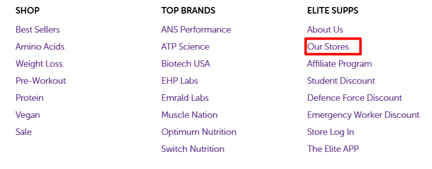 Our stores with a red border around, words written in purple all on a white background.