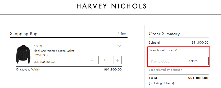 How do I use my Harvey Nichols promotional code?