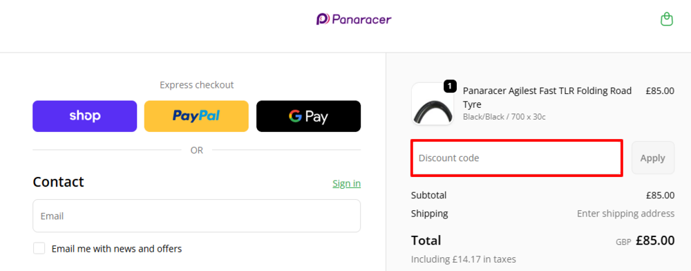The Panaracer checkout page with wehre to paste the Panaracer voucher code in a red box.