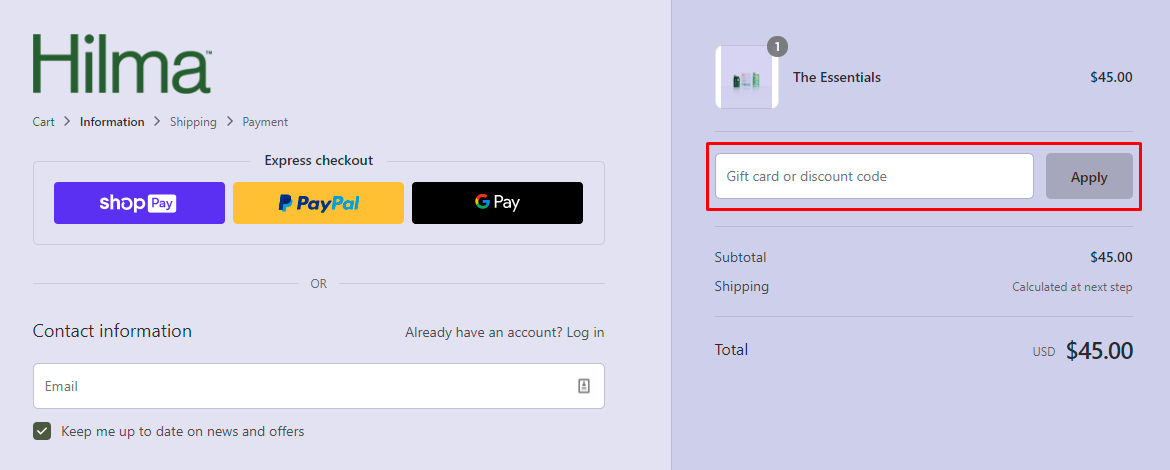 How do I use my Hilma discount code?