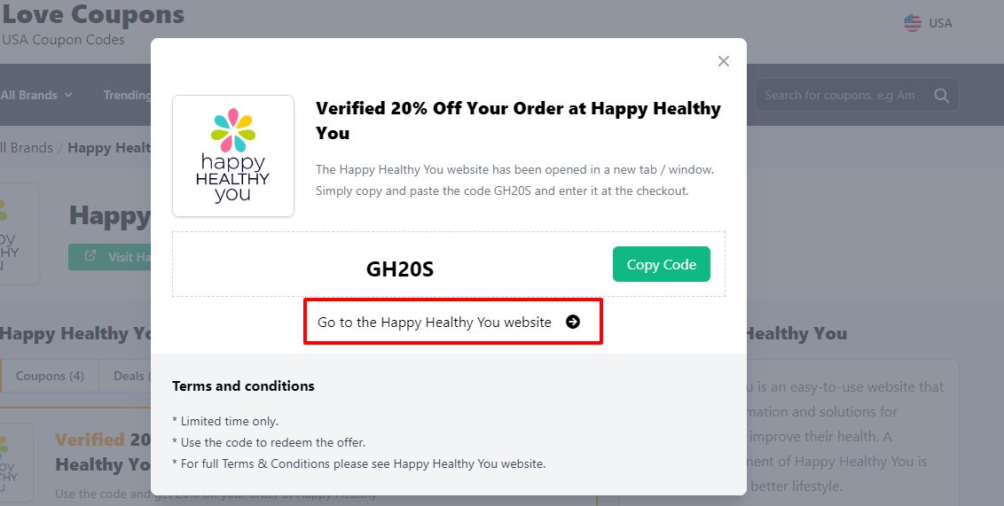 A box displayed on a white background of a Happy Healthy You coupon code with the message ‘Go to the Happy Healthy You website’