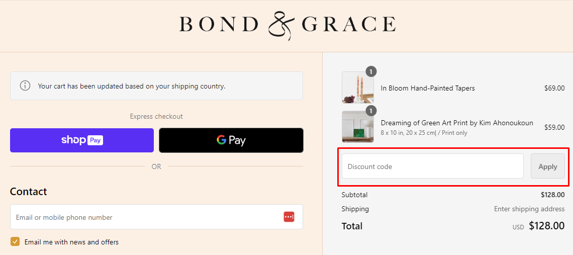 How do I use my Bond & Grace discount code?
