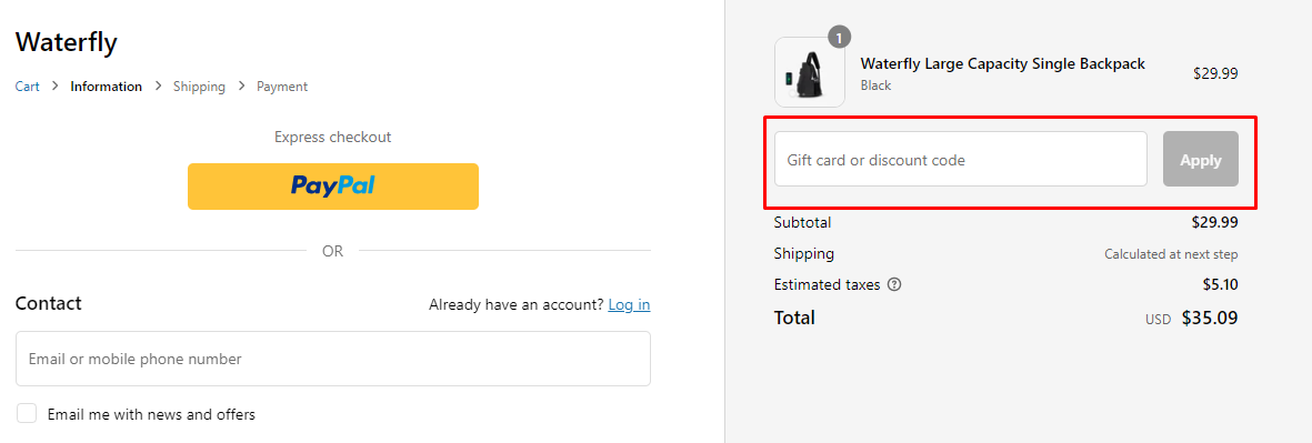 How do I use my WATERFLY coupon code?