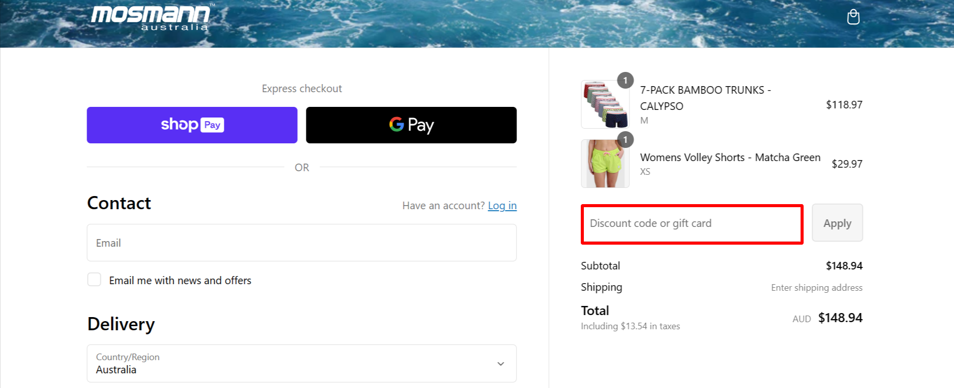 The highlighted red box at the brand checkout page is showing where to add the Mosmann Australia discount code.