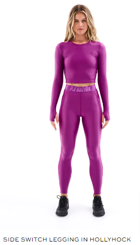On a white background, a woman wears purple side switch leggings