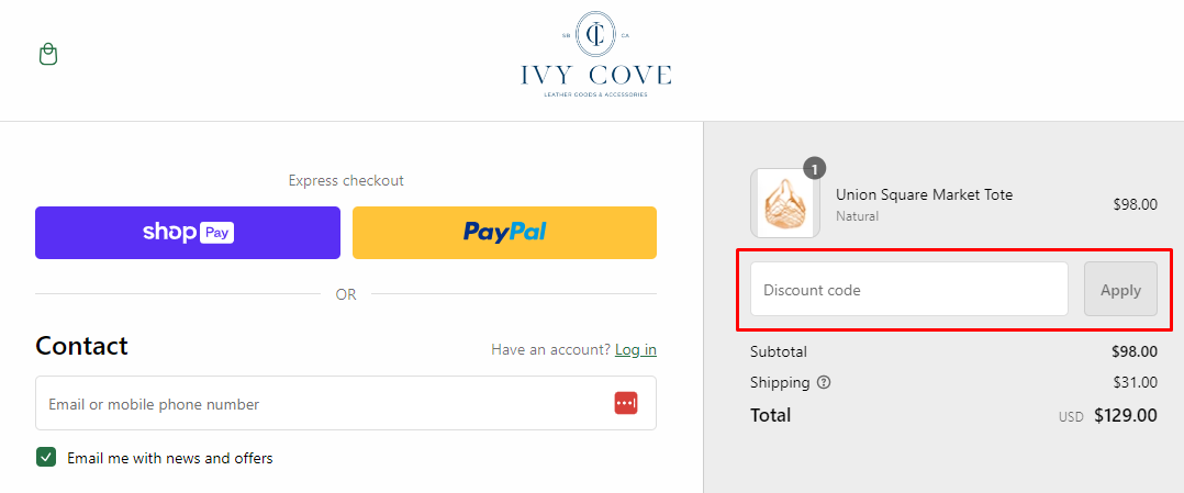 How do I use my Ivy Cove discount code?
