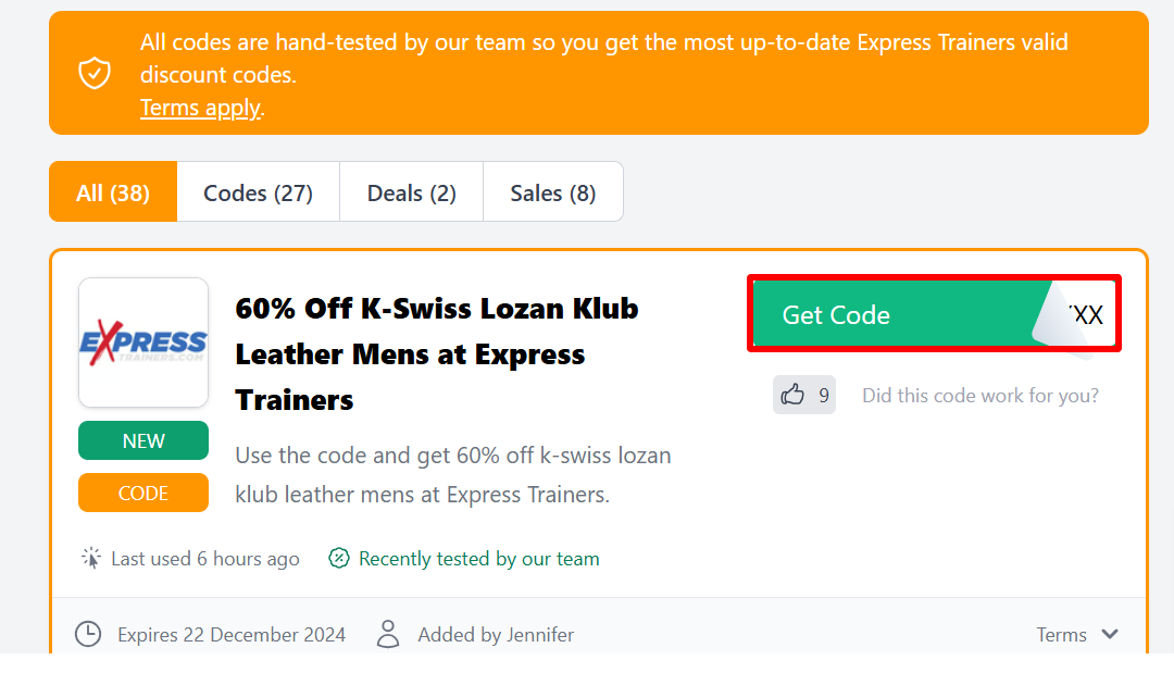 The Love Discount Vouchers page showing all Express Trainers' verified discount codes to use on your purchase