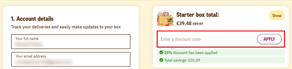 The Butternut Box checkout page with where to paste the Butternut Box voucher code in a red box