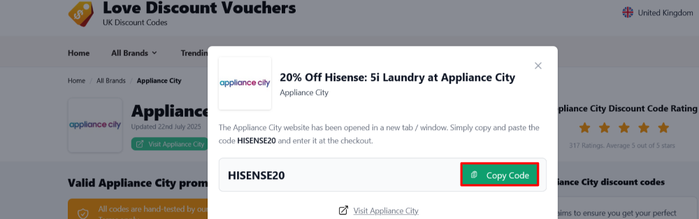 The page where you copy a Appliance City code