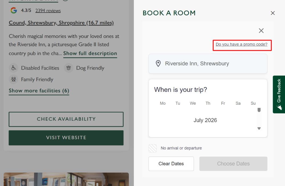 The pop-up window showing where to paste the Greene King Inns voucher code in a red box