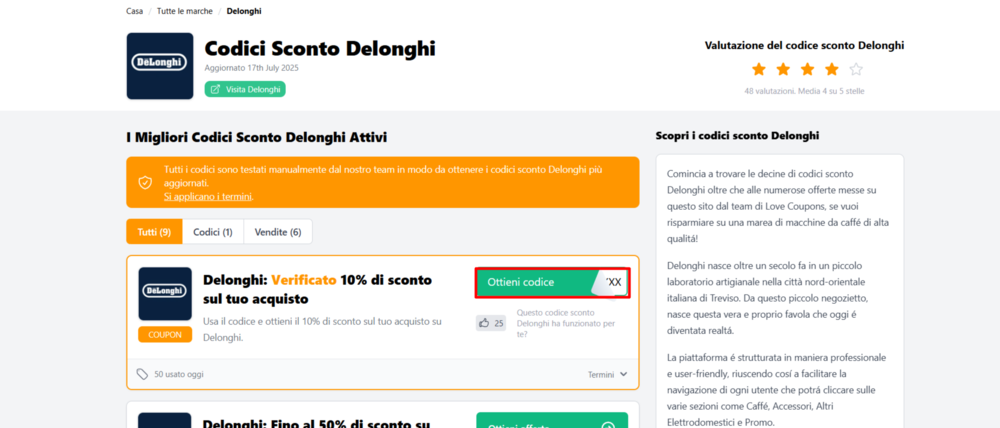 codice sconto Delonghi da poter prelevare per risparmiare su una macchina da caffé Delonghi