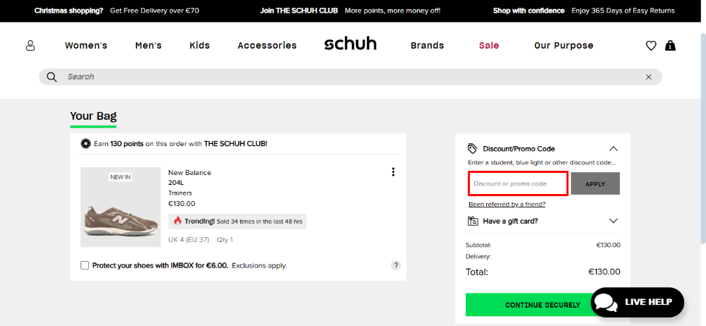 Shopping basket where you can apply your schuh discount code