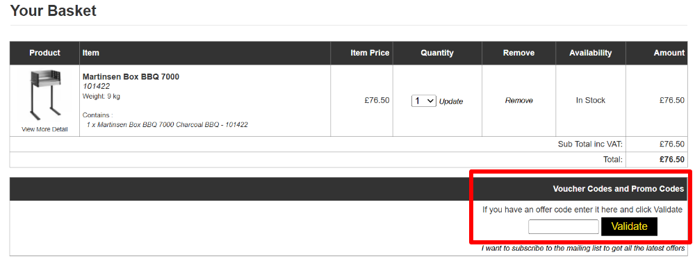 A box where you can add your BBQ World discount code to redeem it