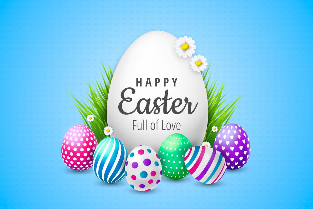 blue background with a big white easter egg and smaller eggs surrounding