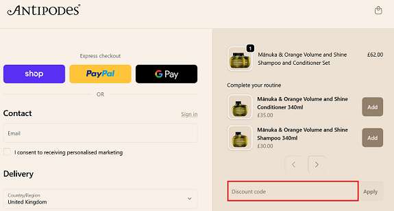 image showing the Antipodes checkout page