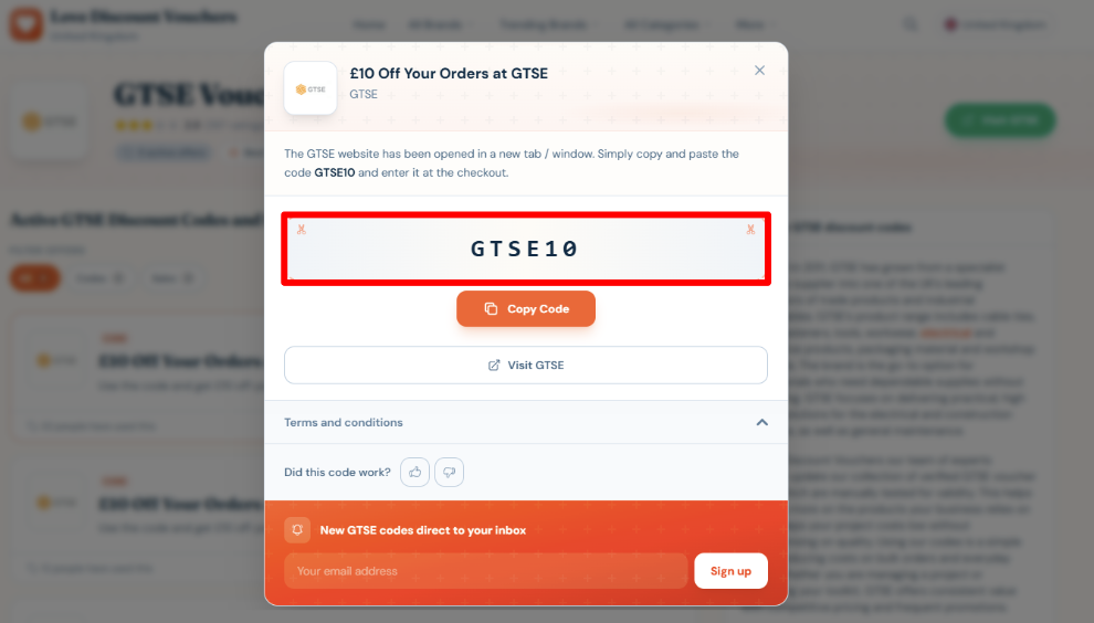 Copy your code and visit the GTSE website to start shopping