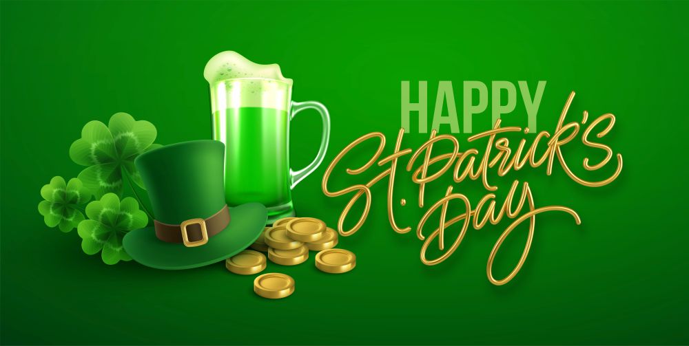 St. Patrick's Day poster in theme color green showing a hat a green beer and gold coins