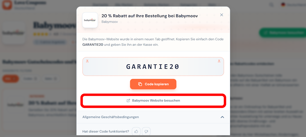 Offener Gutschein für Babymoov mit rotmarkiertem Link auf der Love Coupons-Seite