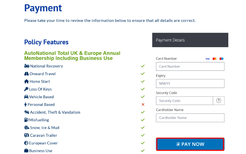 The checkout page for AutoAid Breakdown, where you pay