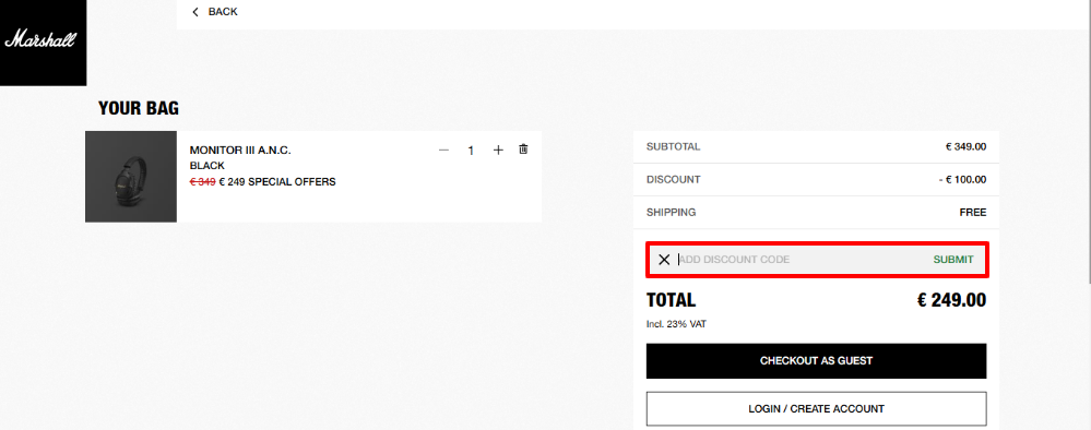 Marshall Headphones discount code place surrounded by a red box