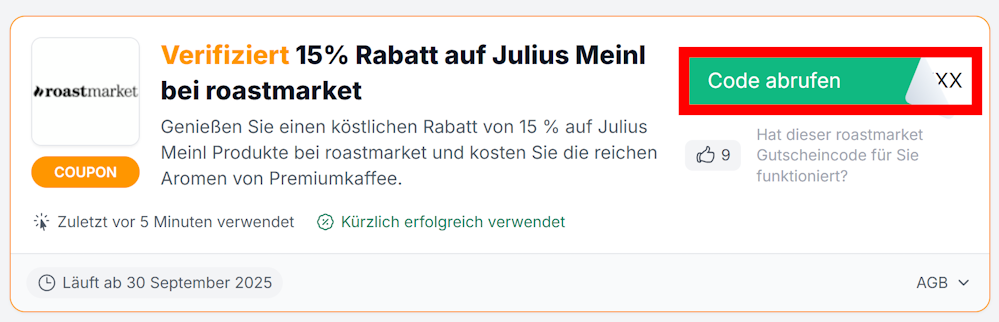 Angaben zu einem Rabattcode von roastmarket mit einer rotmarkierten grünen Schaltfläche
