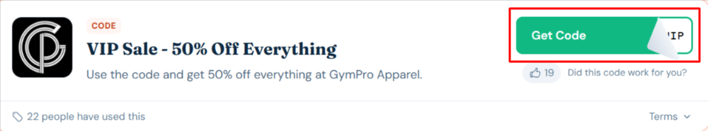 A GymPro Apparel voucher code wit "Get Code" in a red box