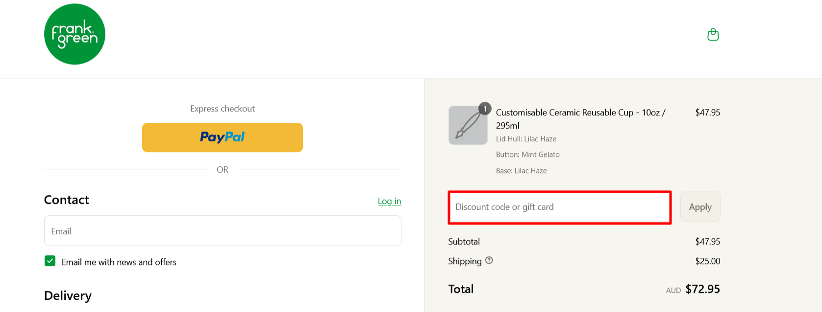 Frank Green checkout page where to enter your code