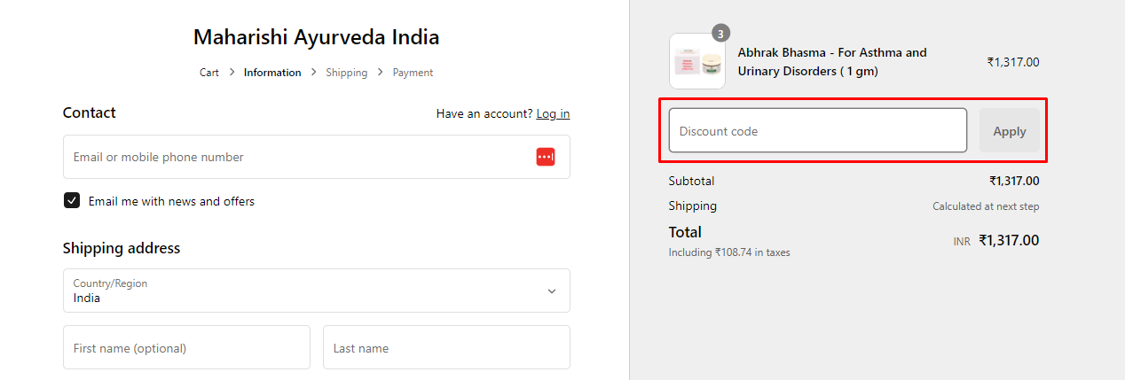 How do I use my Maharishi Ayurveda discount code?