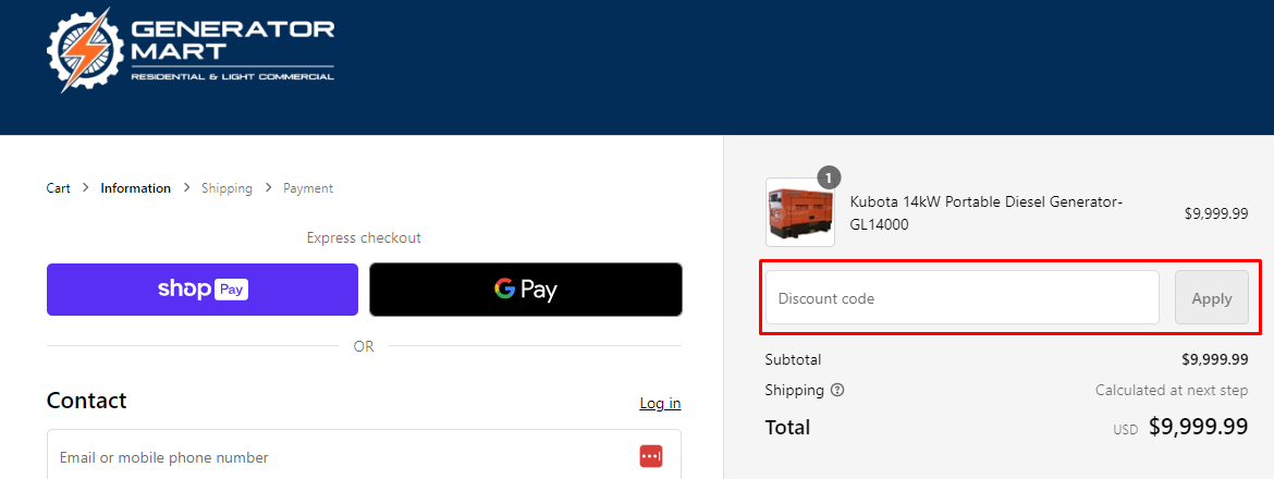 How do I use my Generator Mart discount code?