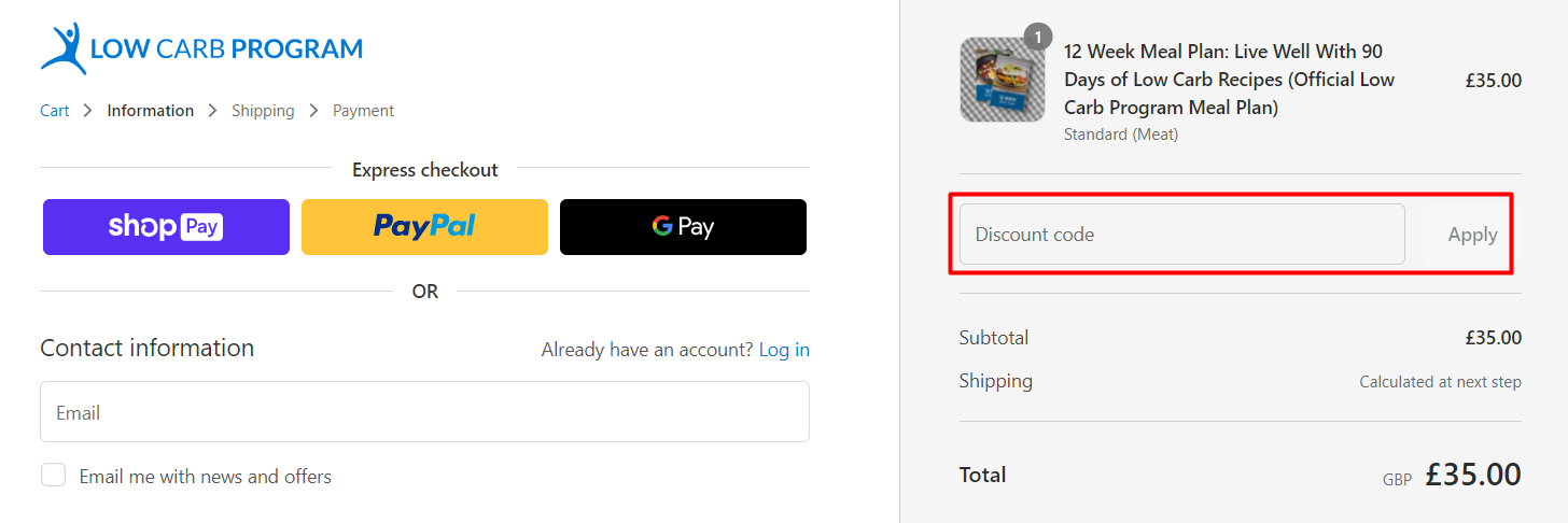 How do I use my Low carb program discount code?