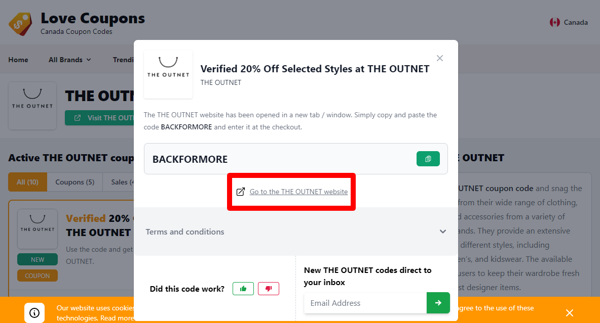 Box displayed on a darkened background of a THE OUTNET coupon code with the terms and conditions showing