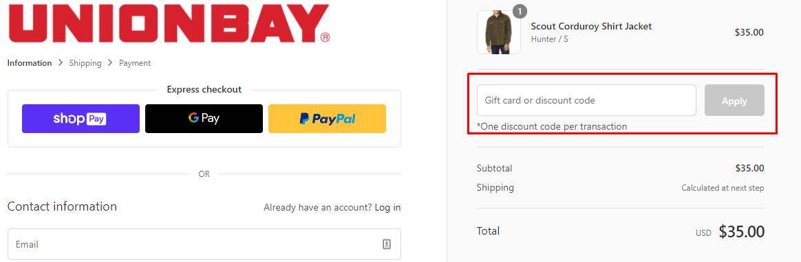 How do I use my UNIONBAY discount code?