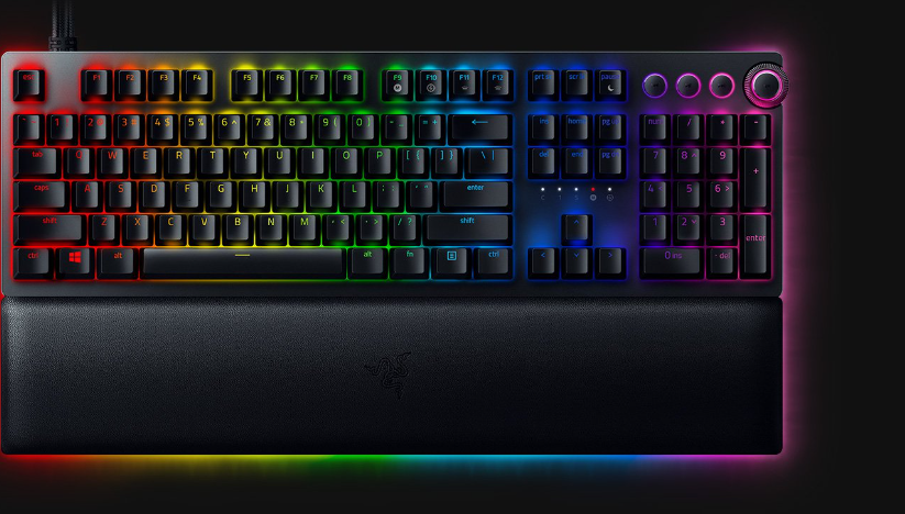 Popular Razer keyboard in a black colour with rainbow background lighting on the keys