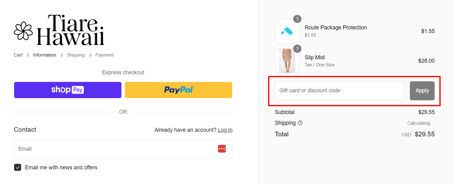 How do I use my Tiare Hawaii discount code?
