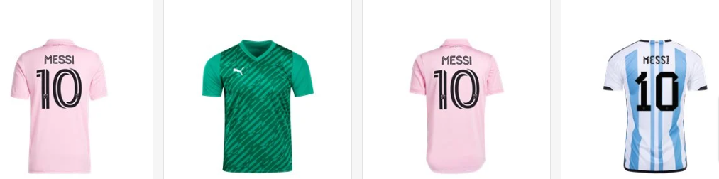 A collage showing an Inter Miami Messi pink shirt, a green Puma shirt and a blue and white Messi Argentina jersey
